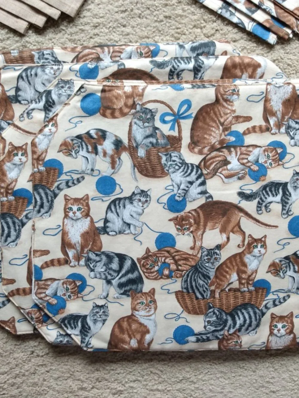 Quilted Kitty Cats Beige Blue Reversible Placemats & Napkins Set of 4 each New